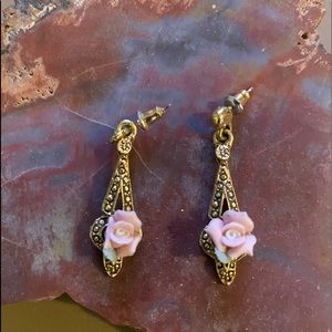 Pink porcelain and gold pierced earrings